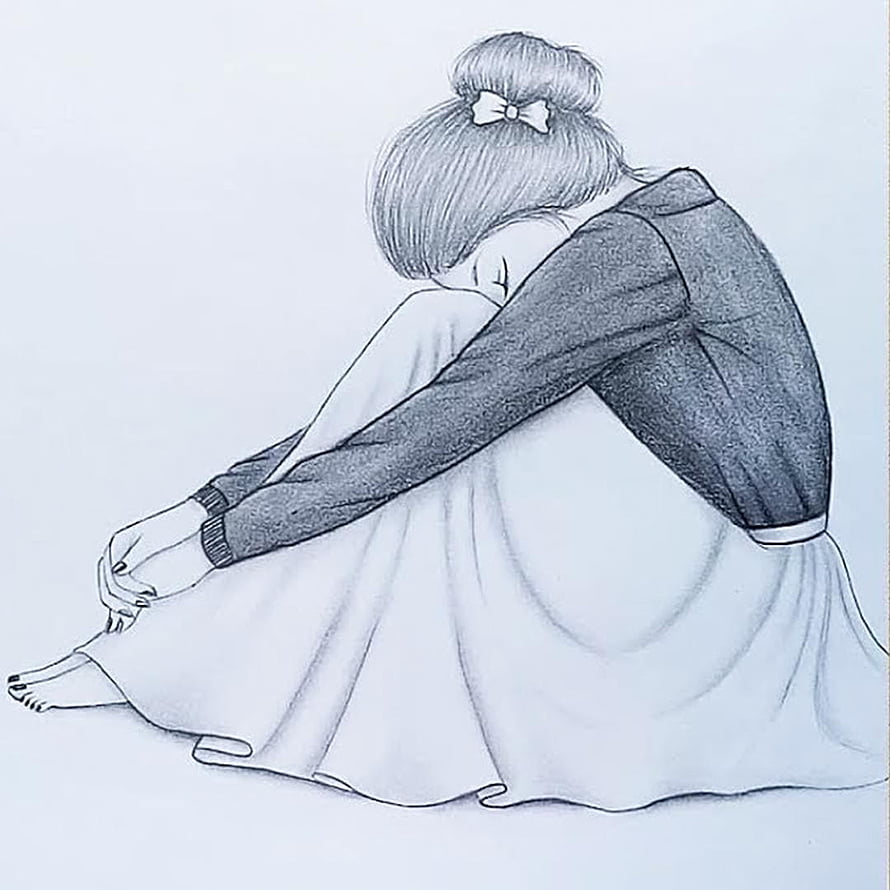 Solitary Girl in Pencil Sketch: A Melancholic Seated Figure with Bun Hair HD phone wallpaper