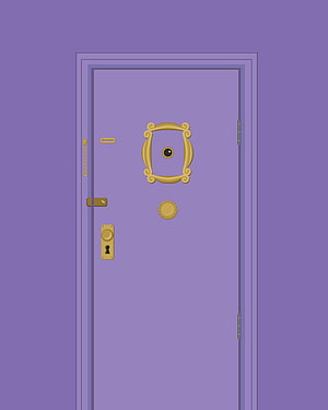 Illustration of a purple door with ornate gold hardware, peephole, and keyhole set against a lavender wall HD phone wallpaper