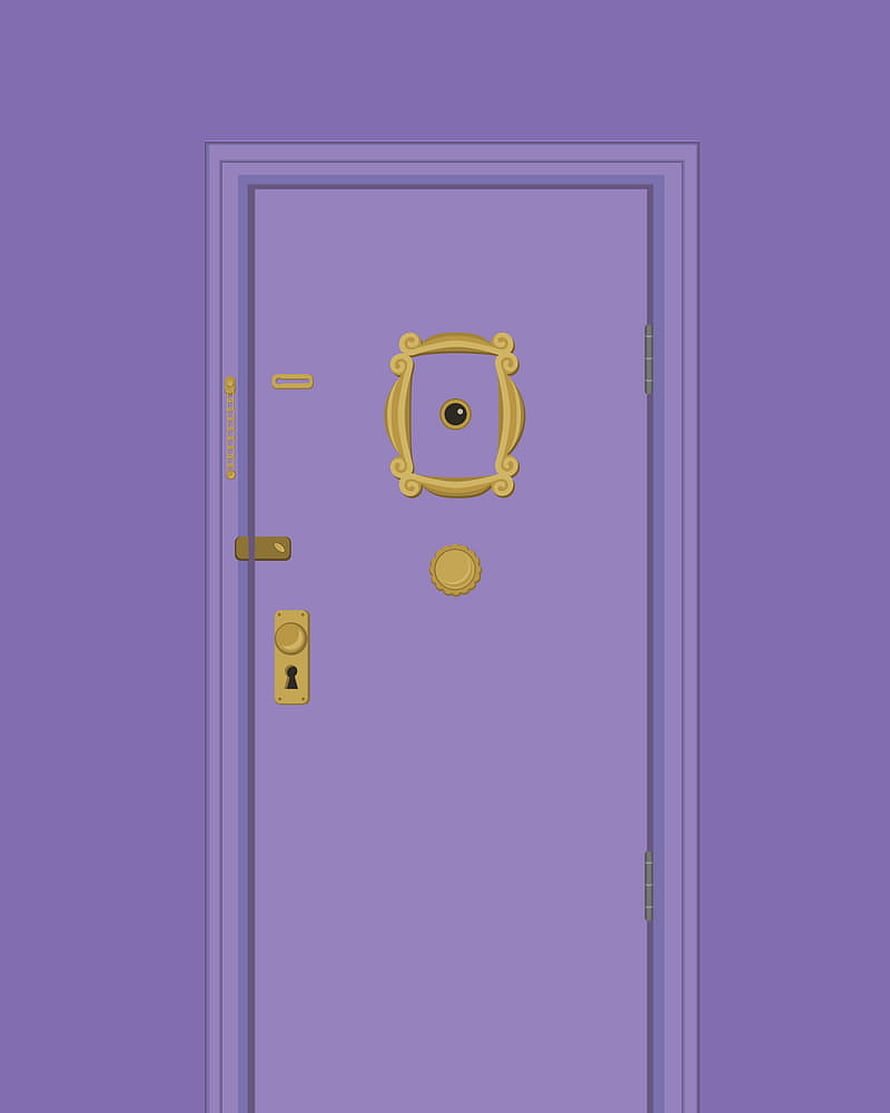 Illustration of a purple door with ornate gold hardware, peephole, and keyhole set against a lavender wall HD phone wallpaper