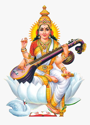 Saraswati Goddess Playing Veena on Lotus with Swan HD phone wallpaper
