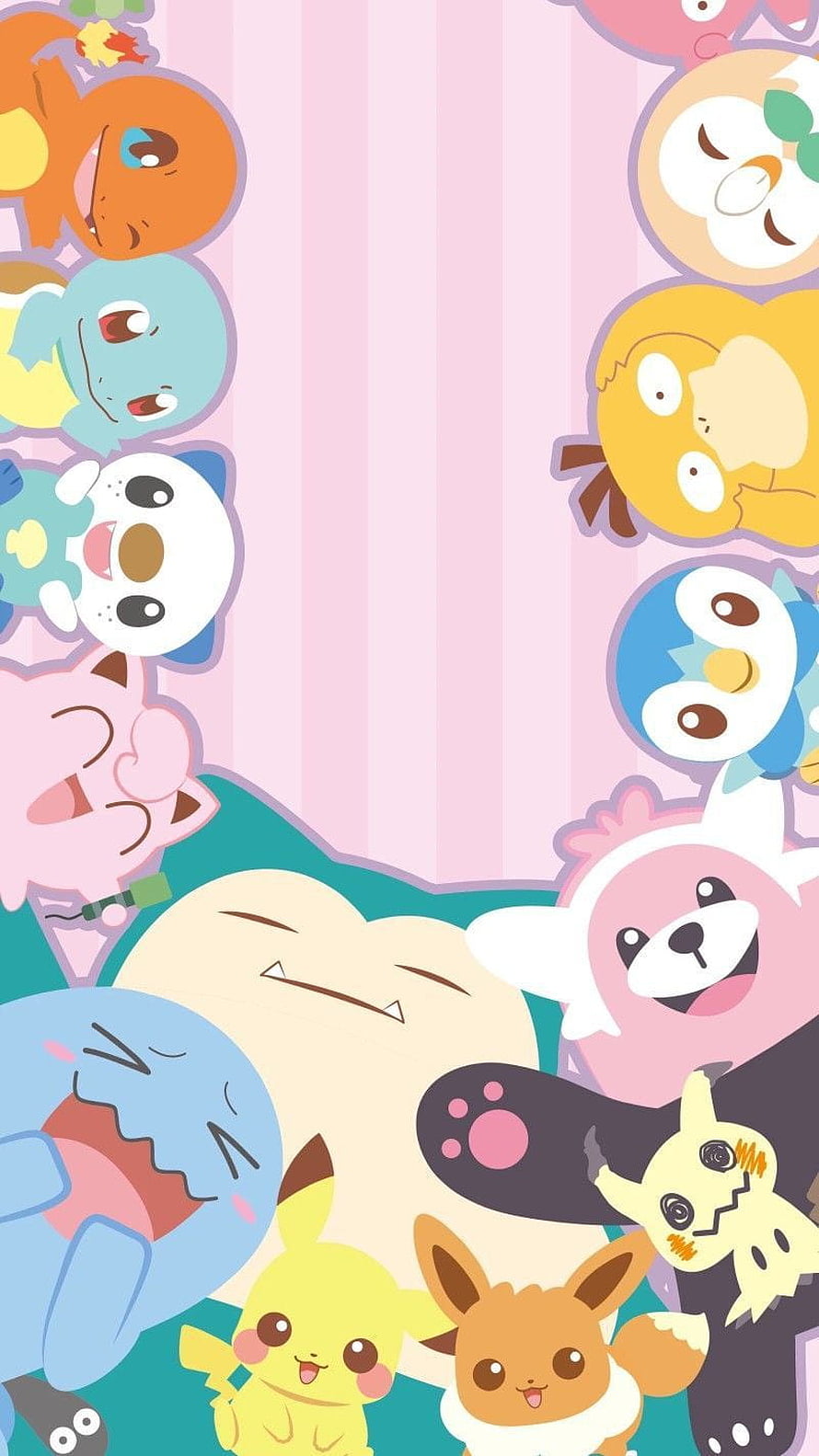 Cute Chibi Pokemon Group Wallpaper with Pikachu, Snorlax, and Friends on Pink Striped Background HD phone wallpaper