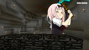 Chika Mining Bedrock in Minecraft Cave with Torches and Diamond Pickaxe HD wallpaper