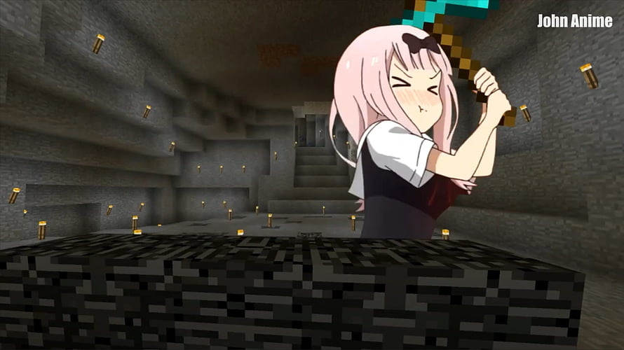 Chika Mining Bedrock in Minecraft Cave with Torches and Diamond Pickaxe HD wallpaper
