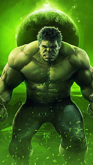The Incredible Hulk standing in a powerful pose with a green planet background HD phone wallpaper