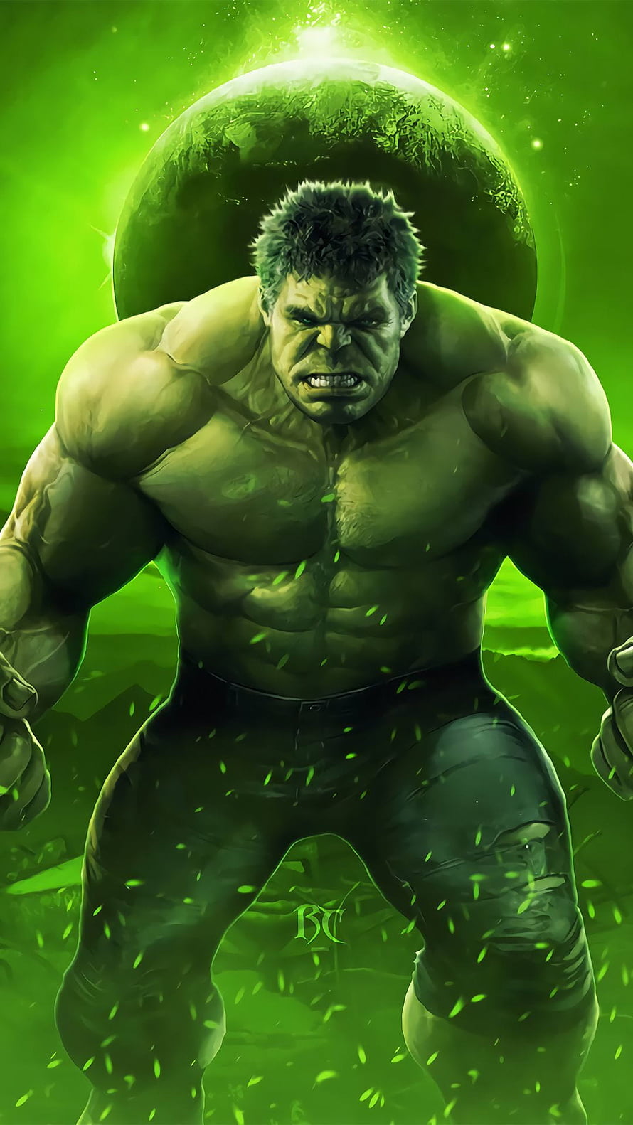 The Incredible Hulk standing in a powerful pose with a green planet background HD phone wallpaper