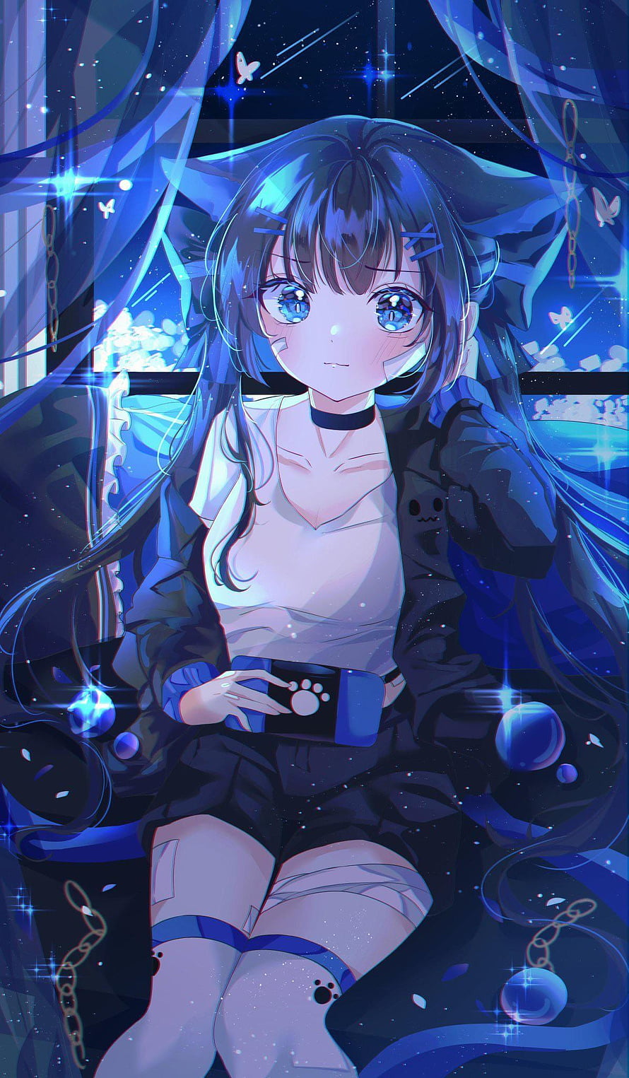 Blue Anime Girl With Starry Eyes And Cosmic Background HD phone wallpaper