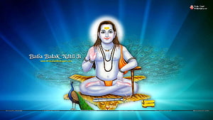 Baba Balak Nath and Gorakhnath Meditating on Tiger Skin with Peacock and Sword HD wallpaper