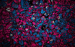 Dense Doodle Art with Nerd Culture Icons in Neon Pink and Blue HD wallpaper