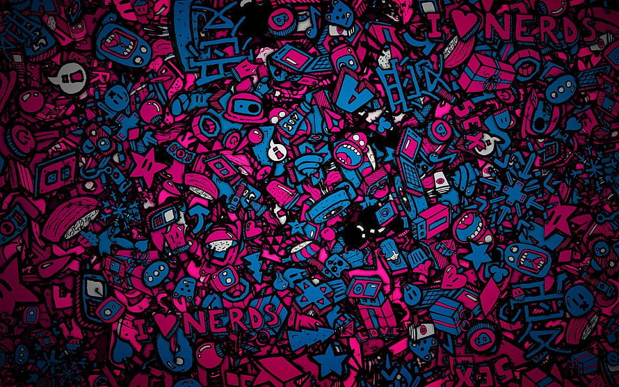 Dense Doodle Art with Nerd Culture Icons in Neon Pink and Blue HD wallpaper