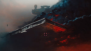 Star Wars Destroyer Ship Burning in Space with Dark Smoke and Red Fire HD wallpaper