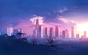 Retro City Skyline at Dusk with Palm Trees and Synthwave Aesthetic HD wallpaper