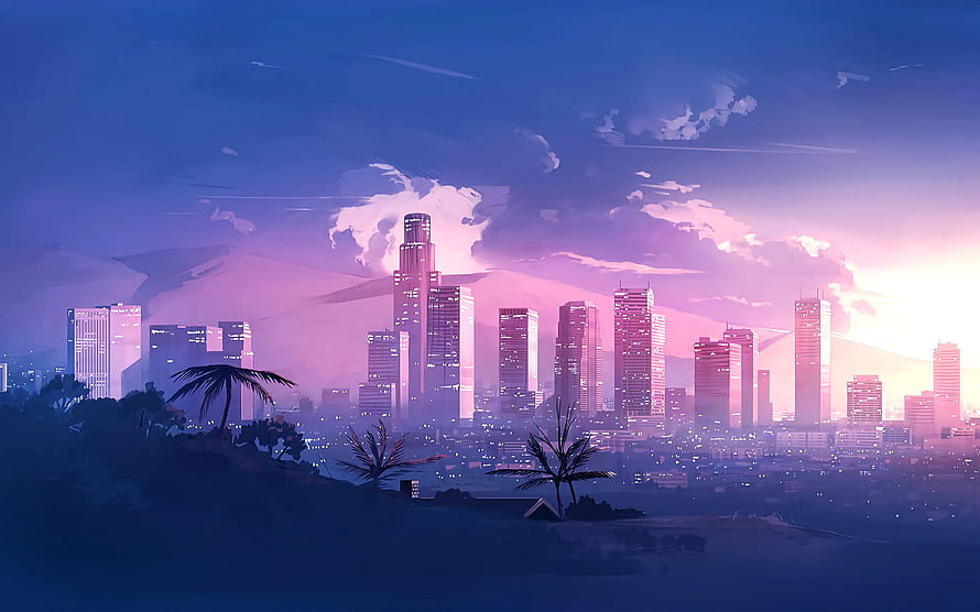 Retro City Skyline at Dusk with Palm Trees and Synthwave Aesthetic HD wallpaper