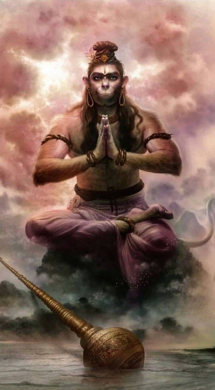 Lord Hanuman in Meditation with Golden Mace and Cosmic Clouds, Lord Hanuman by sarushivaanjali, hanuman meditation HD phone wallpaper