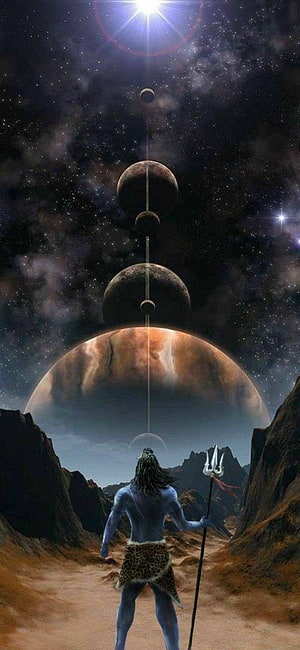 Lord Shiva Standing in Desert Canyon Gazing at Aligned Planets and Starry Sky HD phone wallpaper