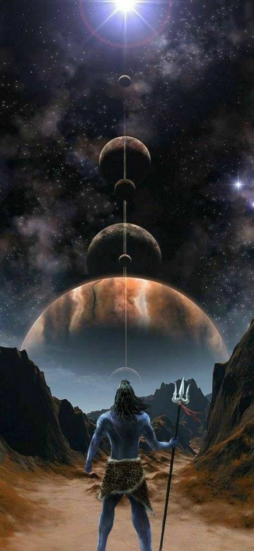 Lord Shiva Standing in Desert Canyon Gazing at Aligned Planets and Starry Sky HD phone wallpaper