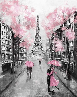 Romantic Paris Street Scene with Eiffel Tower and Pink Blossoms in Rainy Weather HD phone wallpaper