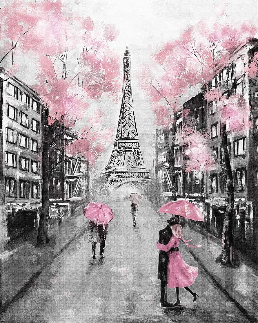 Romantic Paris Street Scene with Eiffel Tower and Pink Blossoms in Rainy Weather HD phone wallpaper