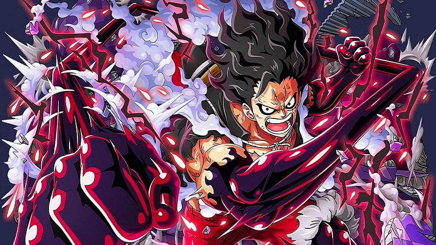 One Piece Luffy Gear 5 Infobox Artwork with Red Aura and Spiky Hair HD wallpaper