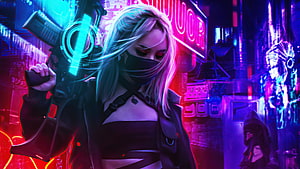 Cyberpunk Woman With Futuristic Rifle In Neon-Lit City Street, Cyberpunk Girl In Neon Mode , Artist, Backgrounds, and, neon girl HD wallpaper