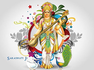 Maa Saraswati Playing Veena with Peacock and Swan in Vibrant Indian Art Style HD wallpaper