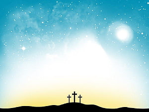 Three Crosses Silhouette on Hill Against Starry Sky and Bright Light HD wallpaper