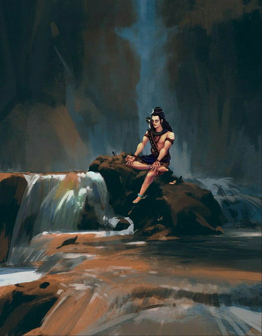 Lord Shiva as Adiyogi in Meditation on a Rocky Outcrop Amidst Waterfalls HD phone wallpaper