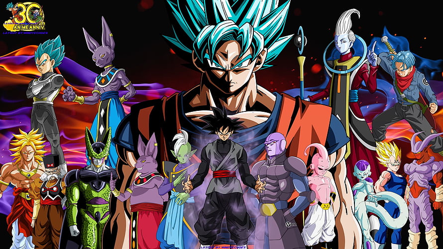 Dragon Ball Super Anime Group Art Featuring Goku, Vegeta, and Gods of Destruction HD wallpaper
