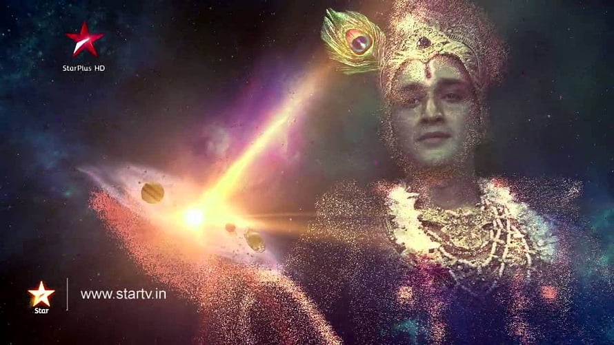 Lord Krishna Vishwaroop from Mahabharat with Cosmic Energy and Peacock Crown HD wallpaper