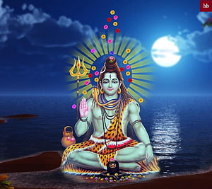 Lord Shiva meditating by the ocean under a full moon with trident and shiva linga HD wallpaper