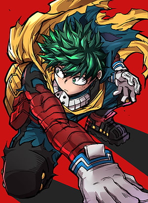 Izuku Midoriya from My Hero Academia in dynamic action pose with green hair and hero costume HD phone wallpaper