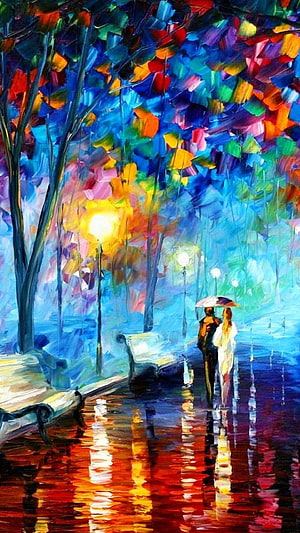 Impressionist Rainy Park Scene with Couple Under Umbrella and Vibrant Autumn Foliage HD phone wallpaper