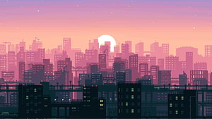 Pixel Art Cityscape at Sunset with Retro Aesthetic and Layered Skyline HD wallpaper
