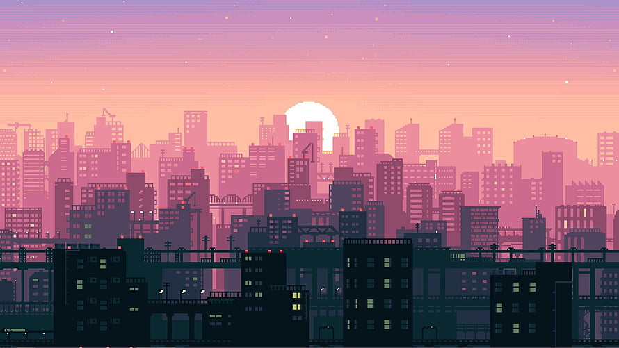 Pixel Art Cityscape at Sunset with Retro Aesthetic and Layered Skyline HD wallpaper