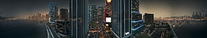 Futuristic Cityscape at Dusk with Neon Skyscrapers and Waterfront HD wallpaper