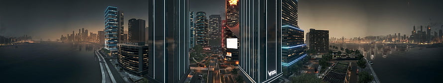 Futuristic Cityscape at Dusk with Neon Skyscrapers and Waterfront HD wallpaper