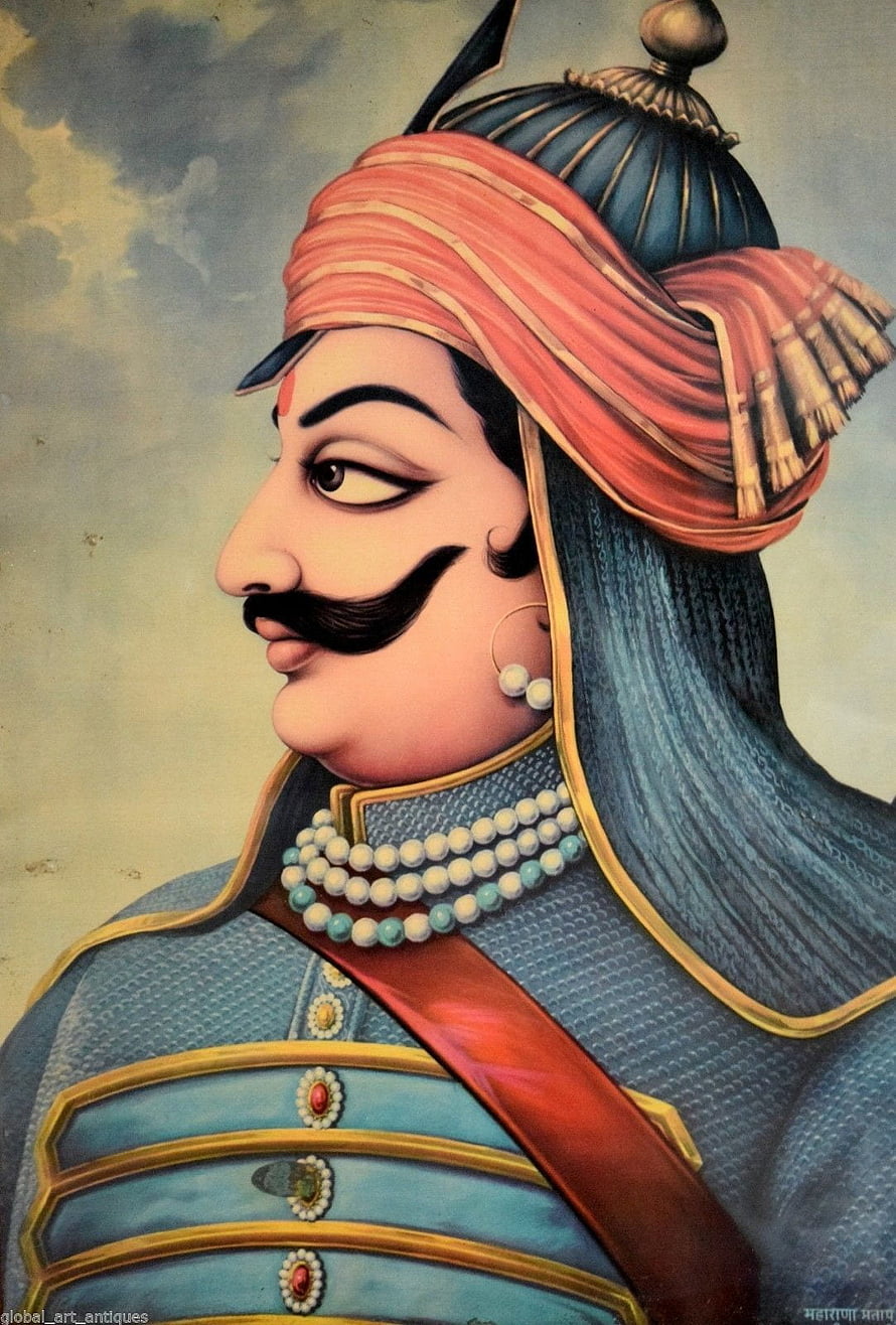 Maharana Pratap Portrait in Traditional Rajput Attire with Turban and Ornate Armor HD phone wallpaper