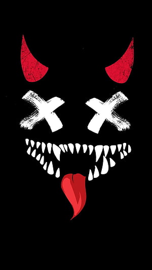 Minimalist Devil Face Illustration With Red Horns And Sharp Teeth On Black Background HD phone wallpaper