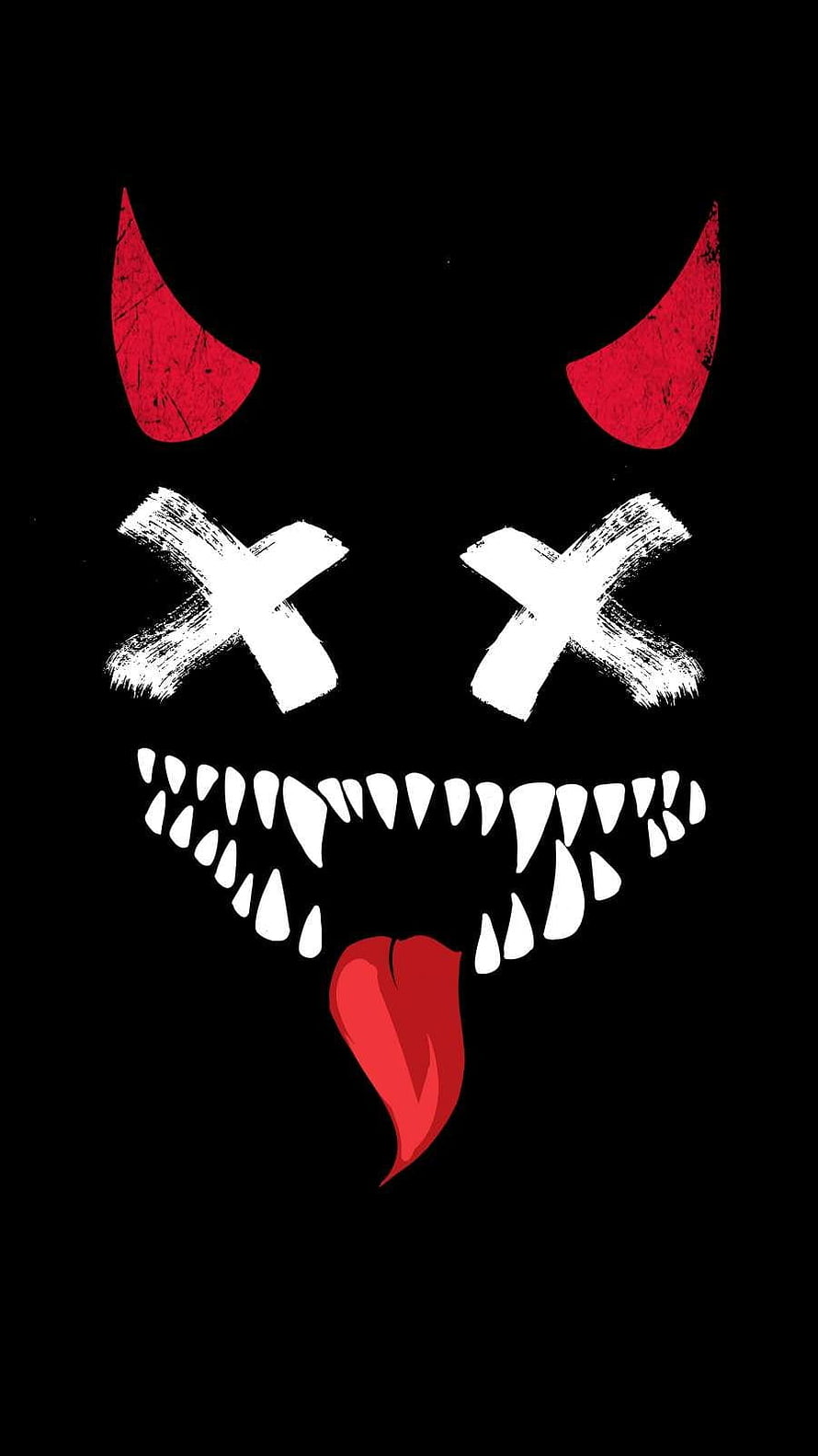 Minimalist Devil Face Illustration With Red Horns And Sharp Teeth On Black Background HD phone wallpaper