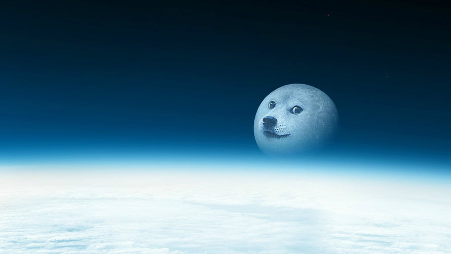 Doge Meme Moon Rising Over Earth's Cloud Layer in Deep Space HD wallpaper