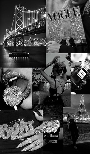 Black and White Luxury Lifestyle Collage Featuring Paris Landmarks and Fashion Icons HD phone wallpaper