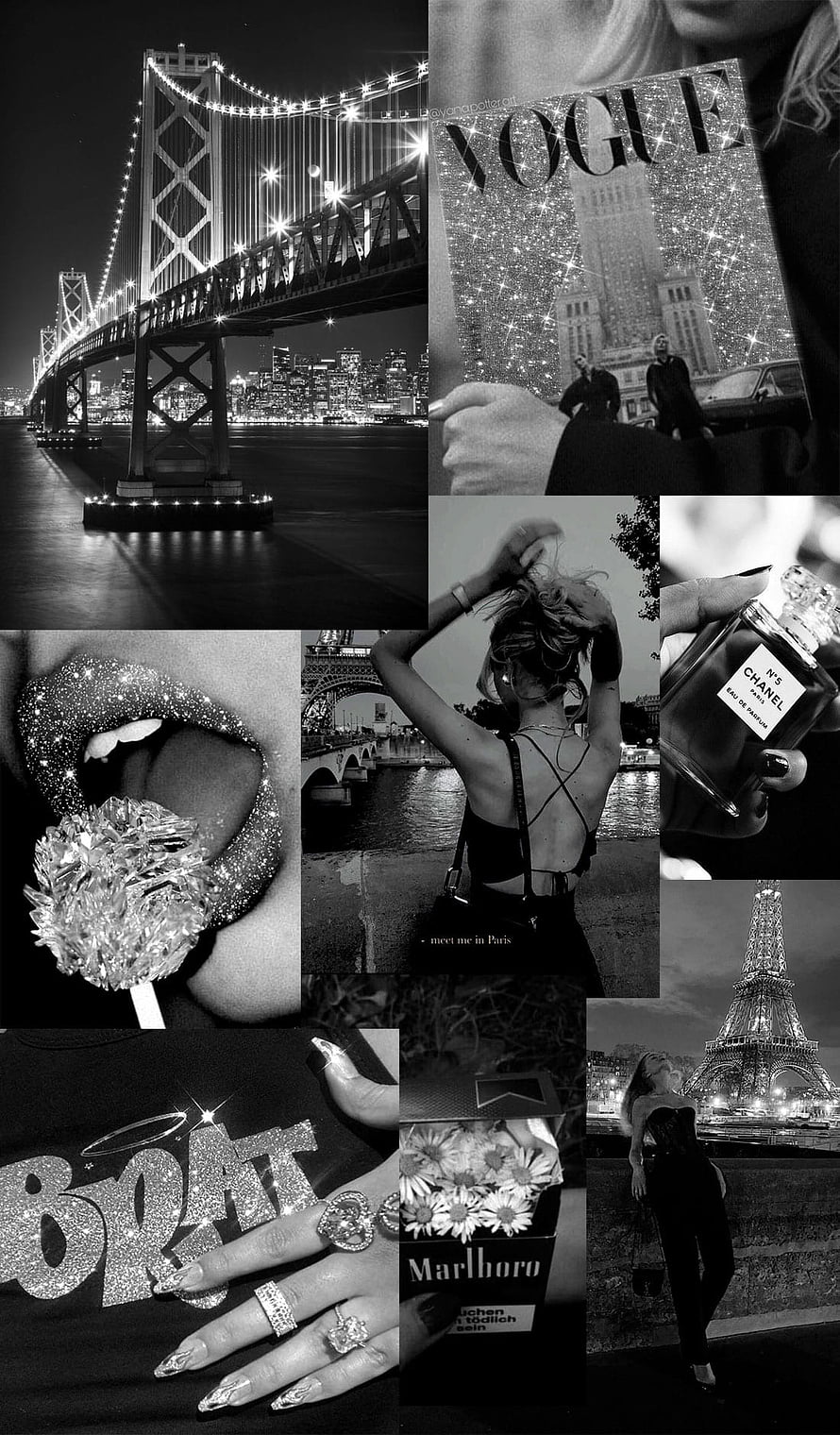 Black and White Luxury Lifestyle Collage Featuring Paris Landmarks and Fashion Icons HD phone wallpaper