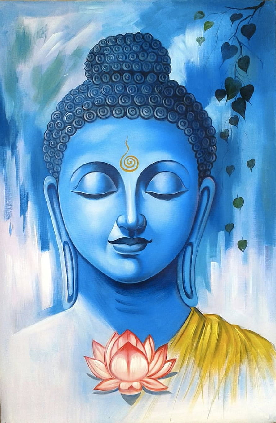 Serene Blue Gautama Buddha Portrait with Lotus Flower and Bodhi Leaves HD phone wallpaper