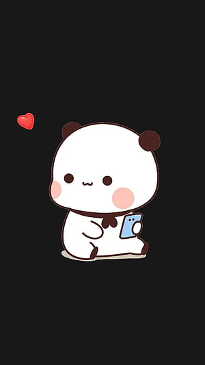 Cute Kawaii Panda Holding Smartphone With Floating Heart On Dark Background HD phone wallpaper