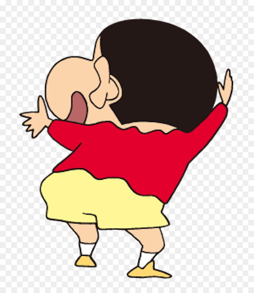 Crayon Shin-chan Character in Red Shirt and Yellow Shorts with Arms Raised HD phone wallpaper