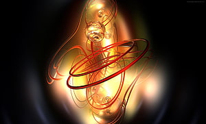Glowing Golden Abstract Spiral with Red Rings and Luminous Orbs on Dark Background HD wallpaper