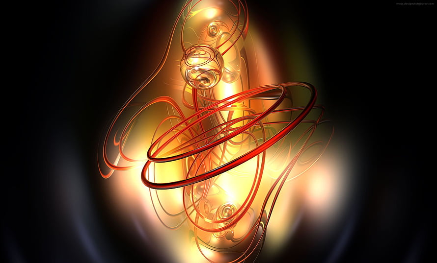 Glowing Golden Abstract Spiral with Red Rings and Luminous Orbs on Dark Background HD wallpaper