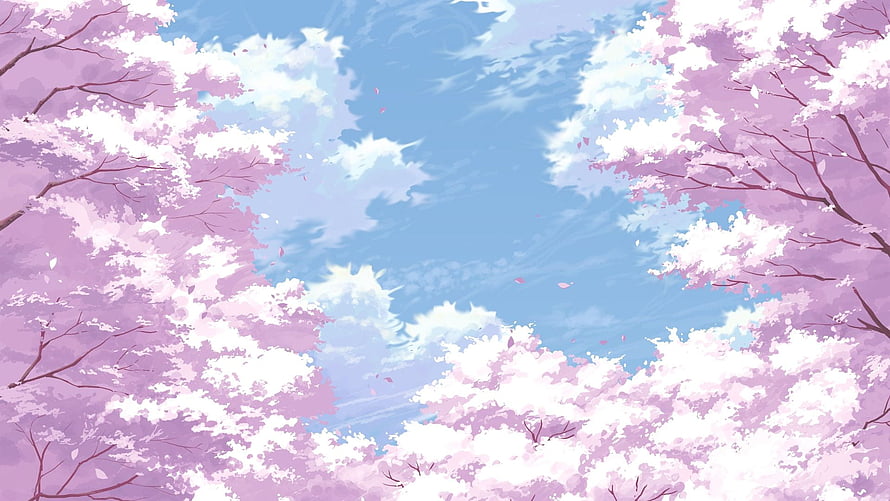 Anime Style Cherry Blossom Trees With Falling Petals Against A Blue Sky HD wallpaper