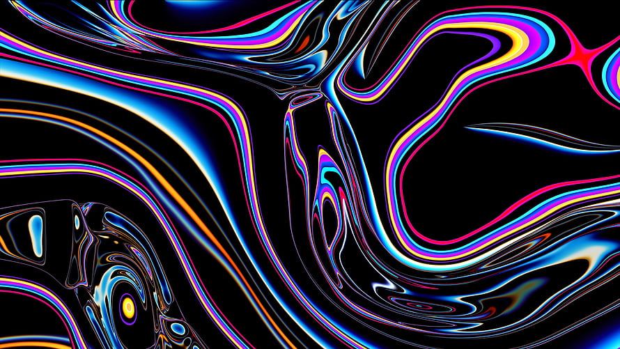 Vibrant Liquid Metal Abstract Art with Neon Flowing Lines on Black Background HD wallpaper