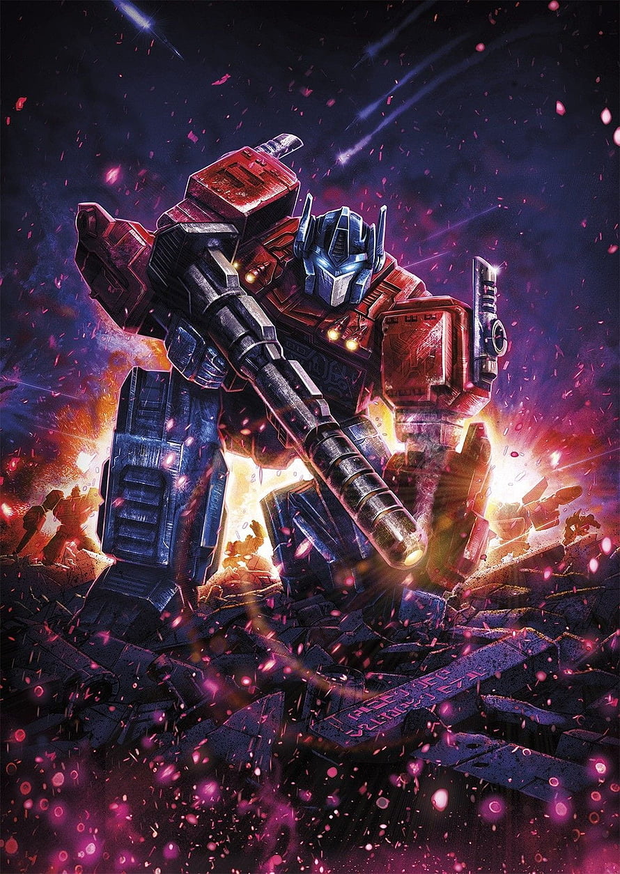 Optimus Prime Battle Artwork with Cannon and Cybertronian Text in Explosive Purple Setting HD phone wallpaper