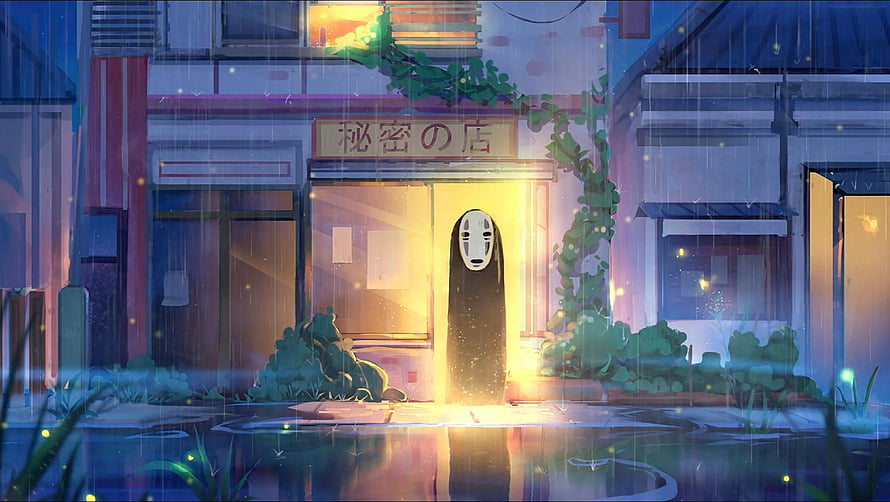 No Face Standing in Rainy Alley at Night with Glowing Shop Sign HD wallpaper